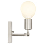 The Virgin 3 Light Vanity by Access Lighting features a brushed steel finish, exposed round frosted bulbs, and is mounted on a rectangular base with adjustable arms, shown against a white background.