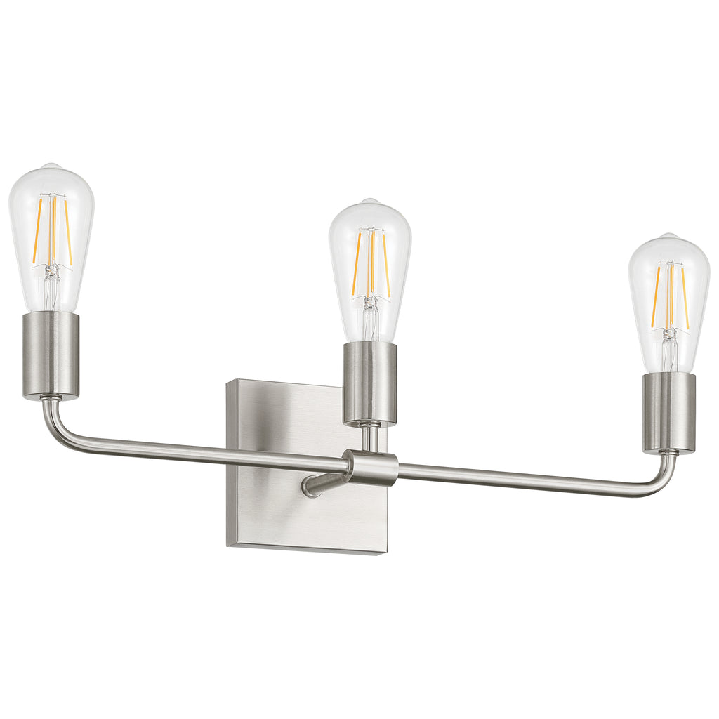 The Access Lighting Virgin 3 Light Vanity in brushed steel features a rectangular base and horizontal bar design with three exposed bulbs.