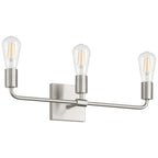 The Access Lighting Virgin 3 Light Vanity in brushed steel features a rectangular base and horizontal bar design with three exposed bulbs.