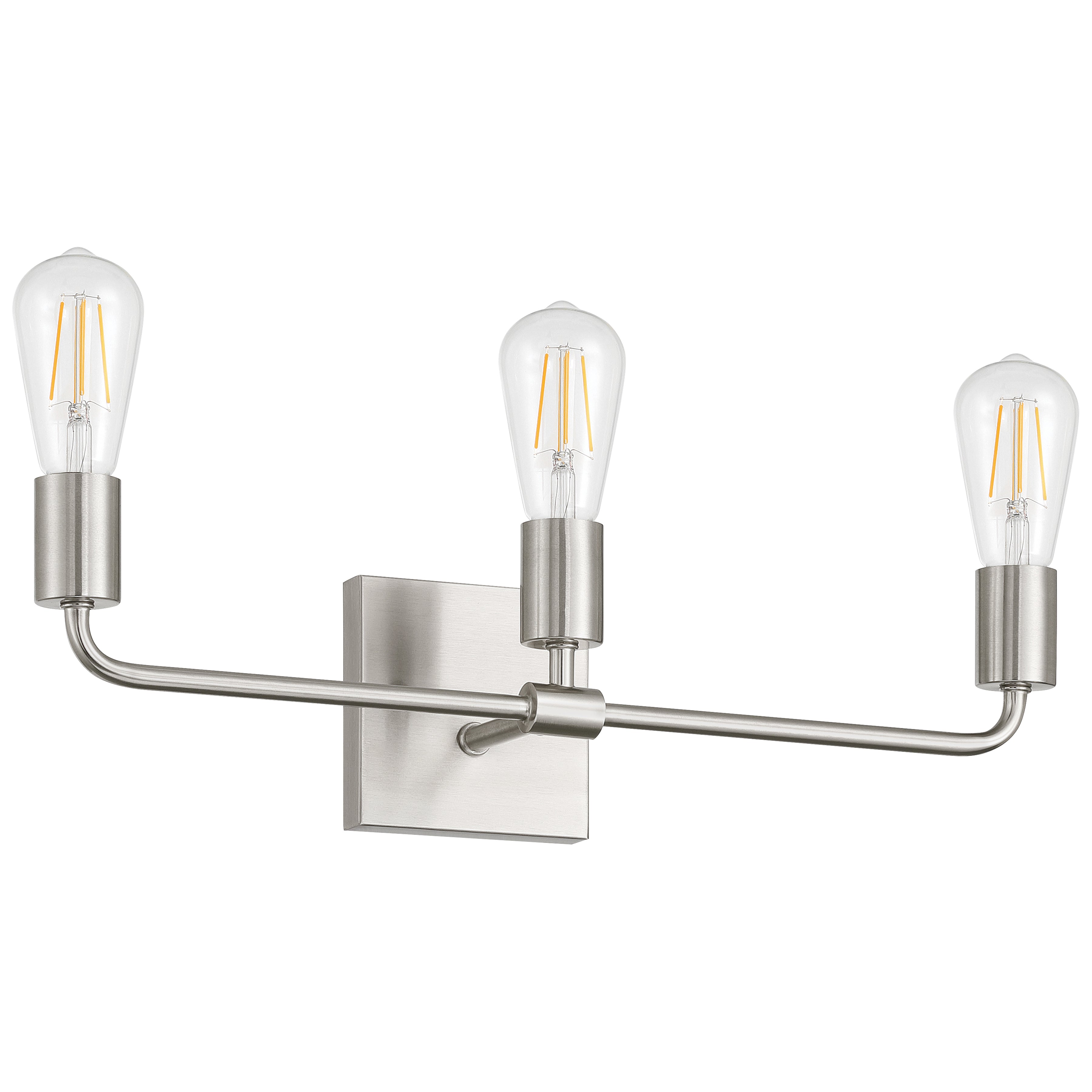 The Access Lighting Virgin 3 Light Vanity in brushed steel features a rectangular base and horizontal bar design with three exposed bulbs.