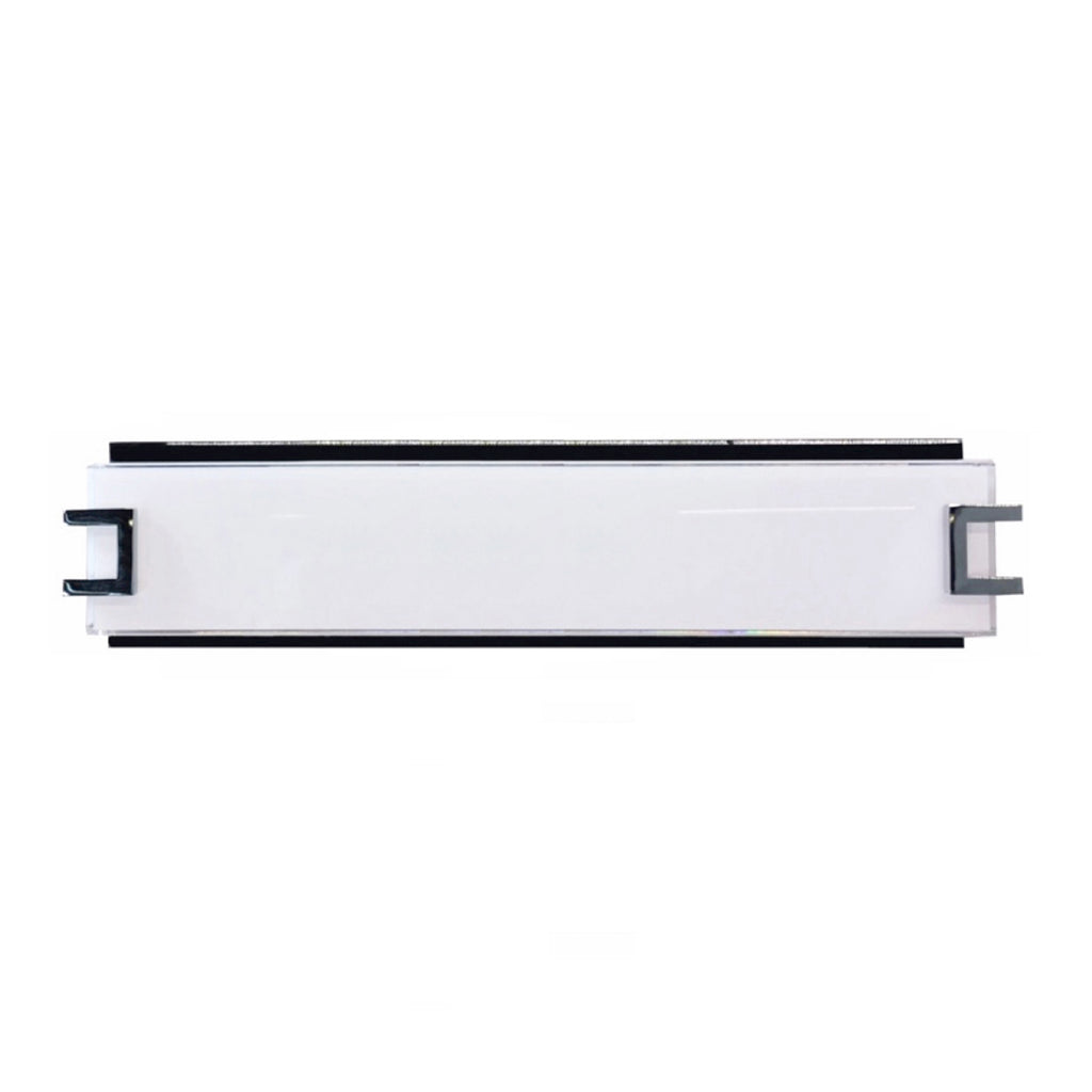 The Ryder LED Vanity by Access Lighting is shown against a plain white background, featuring a white plastic body with black edges and two gray clips on either end.