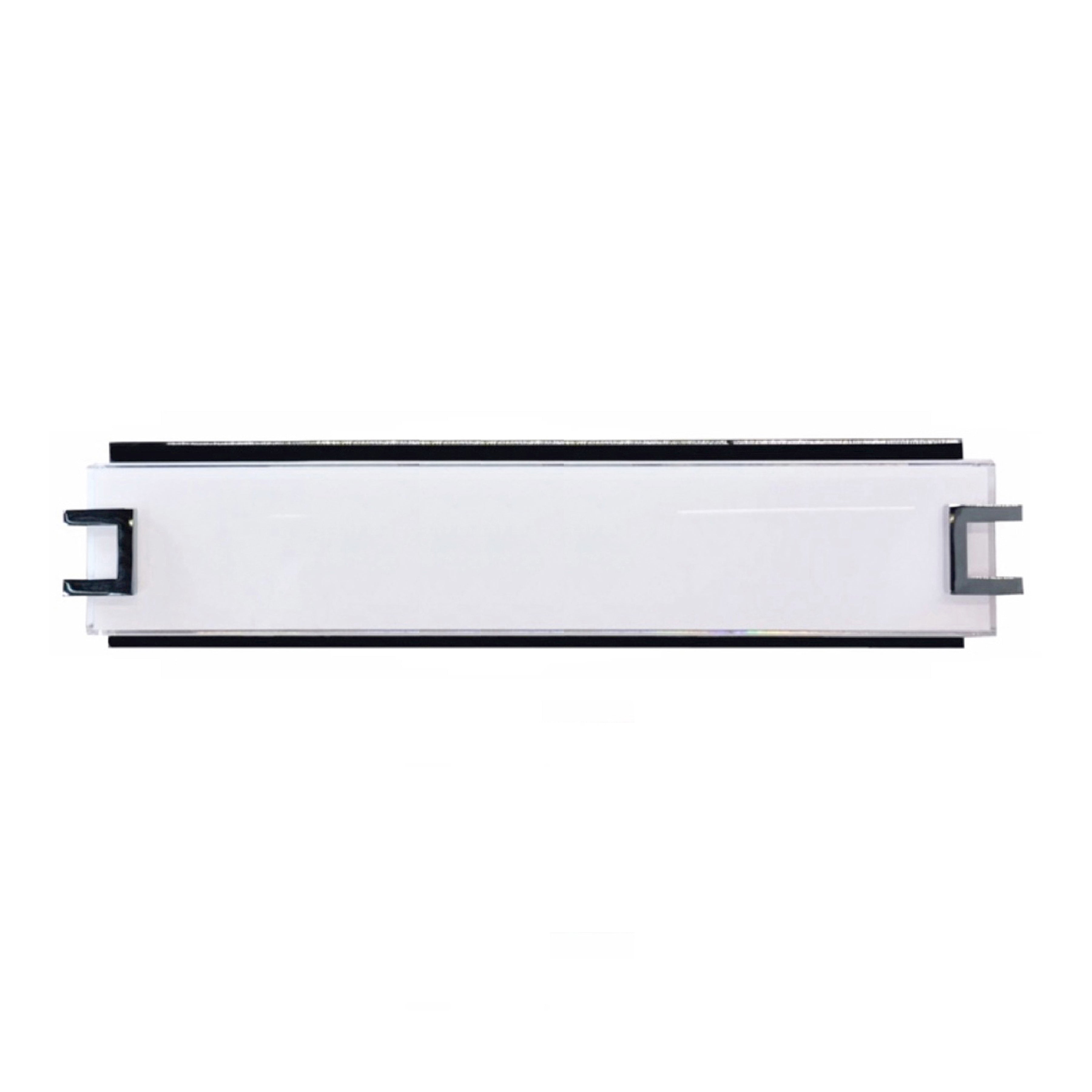 The Ryder LED Vanity by Access Lighting is shown against a plain white background, featuring a white plastic body with black edges and two gray clips on either end.