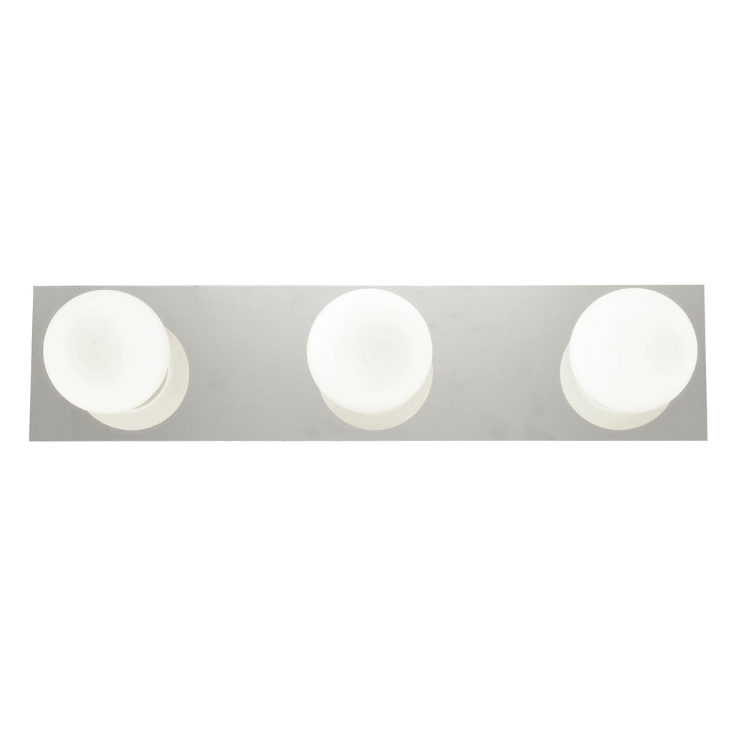 A horizontal metal Classic 3 Light LED Vanity by Access Lighting featuring three evenly spaced round frosted bulbs.