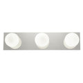 A horizontal metal Classic 3 Light LED Vanity by Access Lighting featuring three evenly spaced round frosted bulbs.
