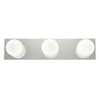 A horizontal metal Classic 3 Light LED Vanity by Access Lighting featuring three evenly spaced round frosted bulbs.