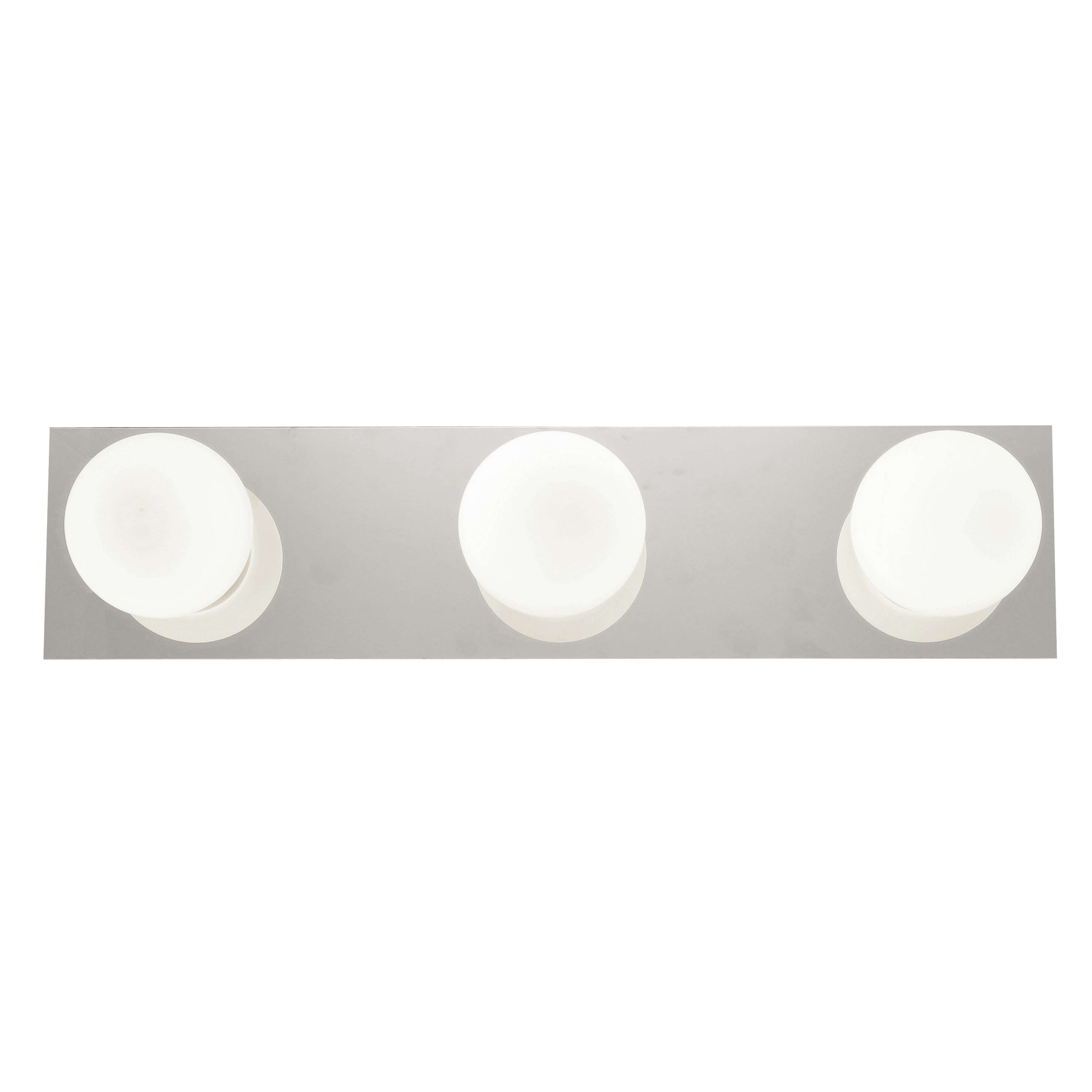 A horizontal metal Classic 3 Light LED Vanity by Access Lighting featuring three evenly spaced round frosted bulbs.