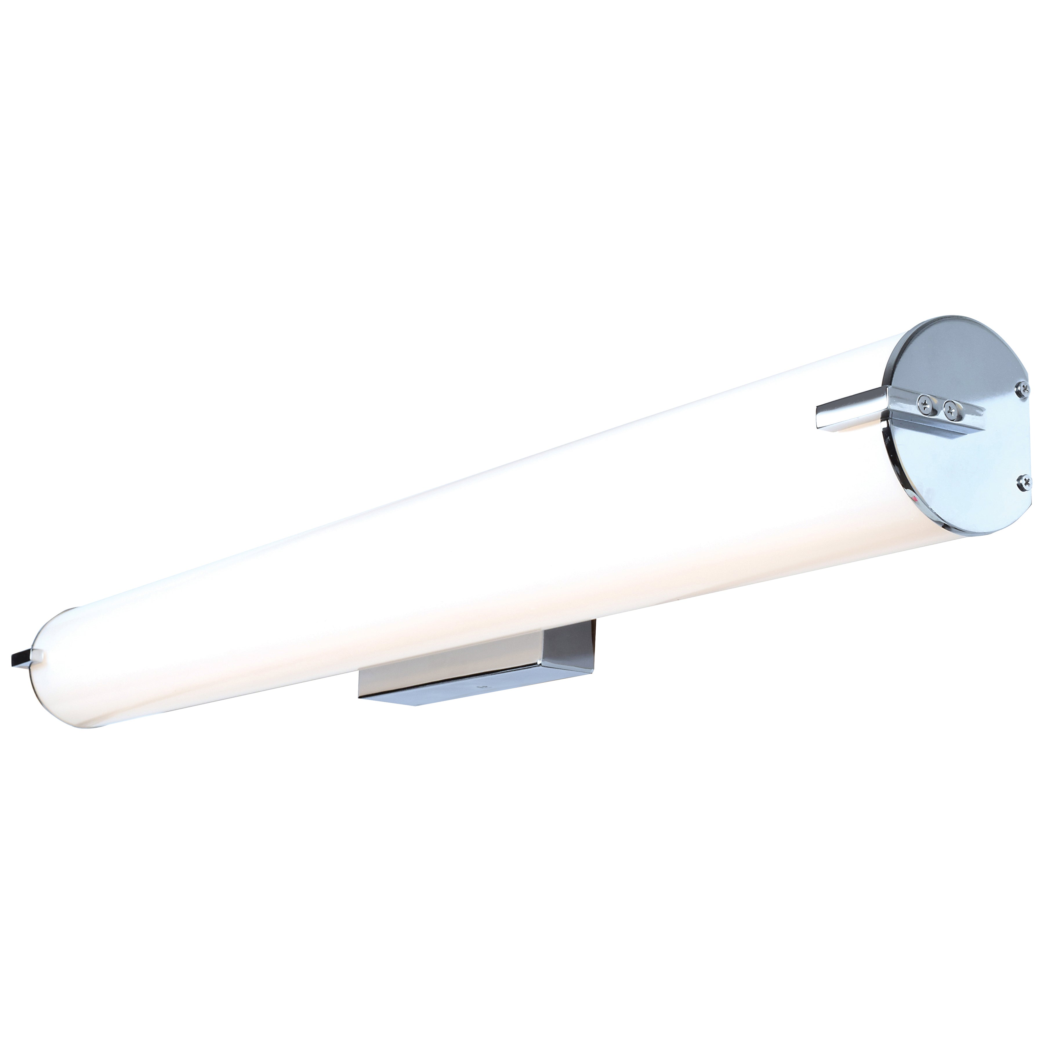 Here’s a rewritten sentence using your product data: The Access Lighting Tube LED Vanity in chrome, measuring 36.25 inches, is a cylindrical wall-mounted fixture featuring chrome end caps and a mounting bracket, shown against a white background.