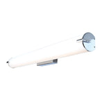 A wall-mounted Tube LED Vanity light by Access Lighting, featuring a cylindrical design with a frosted white cover and chrome end caps, measures 36.25″ and is photographed against a white background.