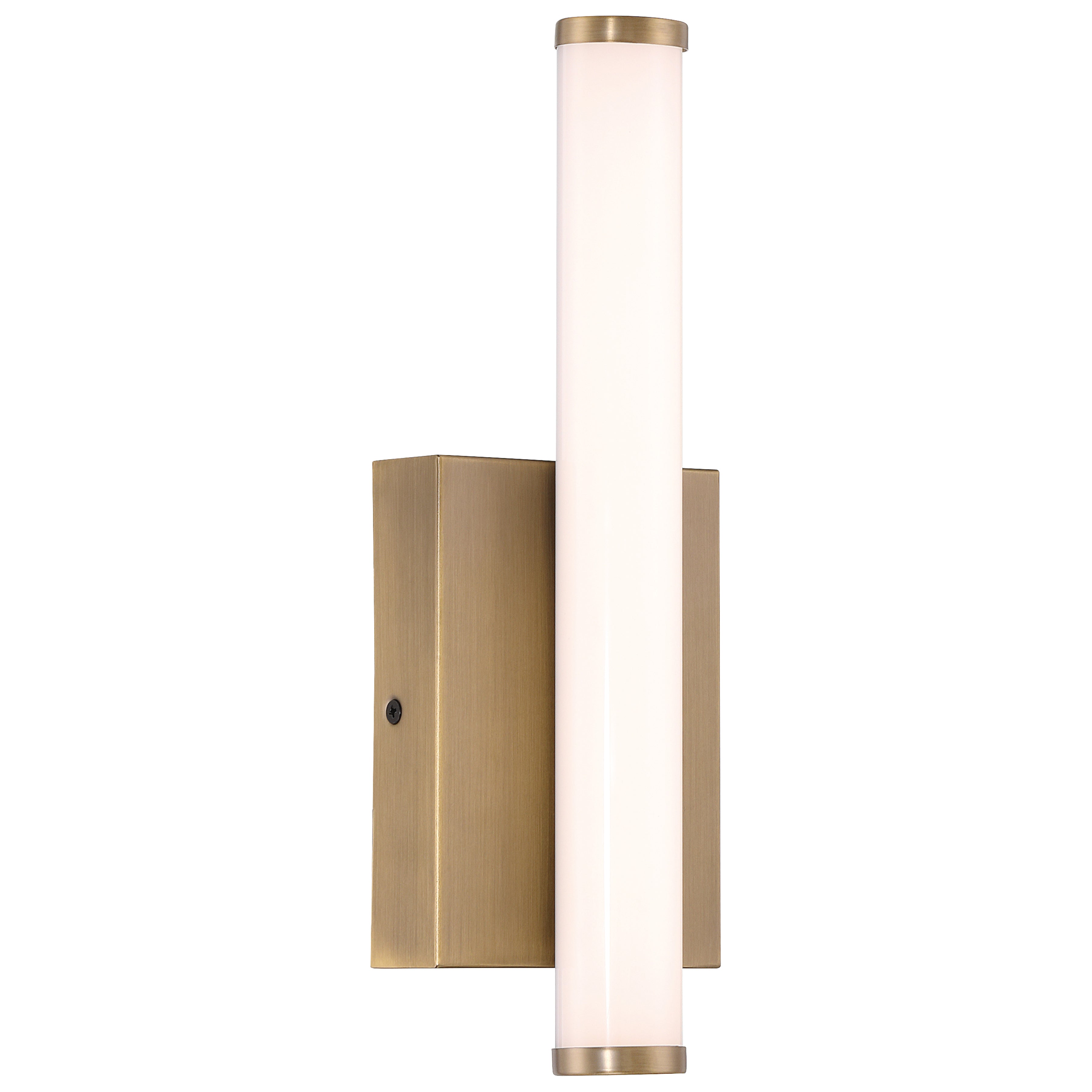 Grace 3CCT LED Vanity by Access Lighting in antique brushed brass, featuring a vertical frosted cylindrical light and a rectangular base, shown against a white background.