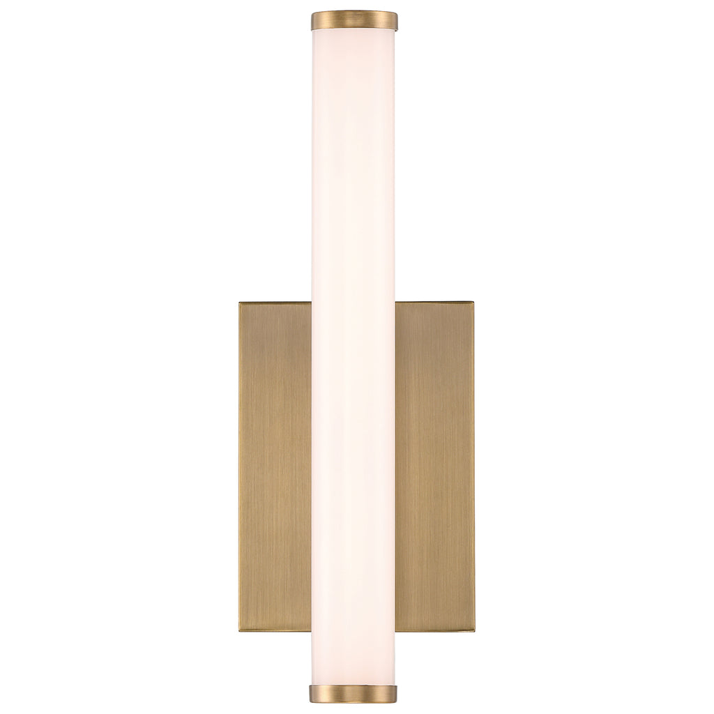 Grace 3CCT LED Vanity by Access Lighting features a cylindrical frosted glass shade and an antique brushed brass rectangular backplate, shown here against a white background.