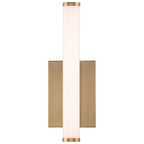 Grace 3CCT LED Vanity by Access Lighting features a cylindrical frosted glass shade and an antique brushed brass rectangular backplate, shown here against a white background.