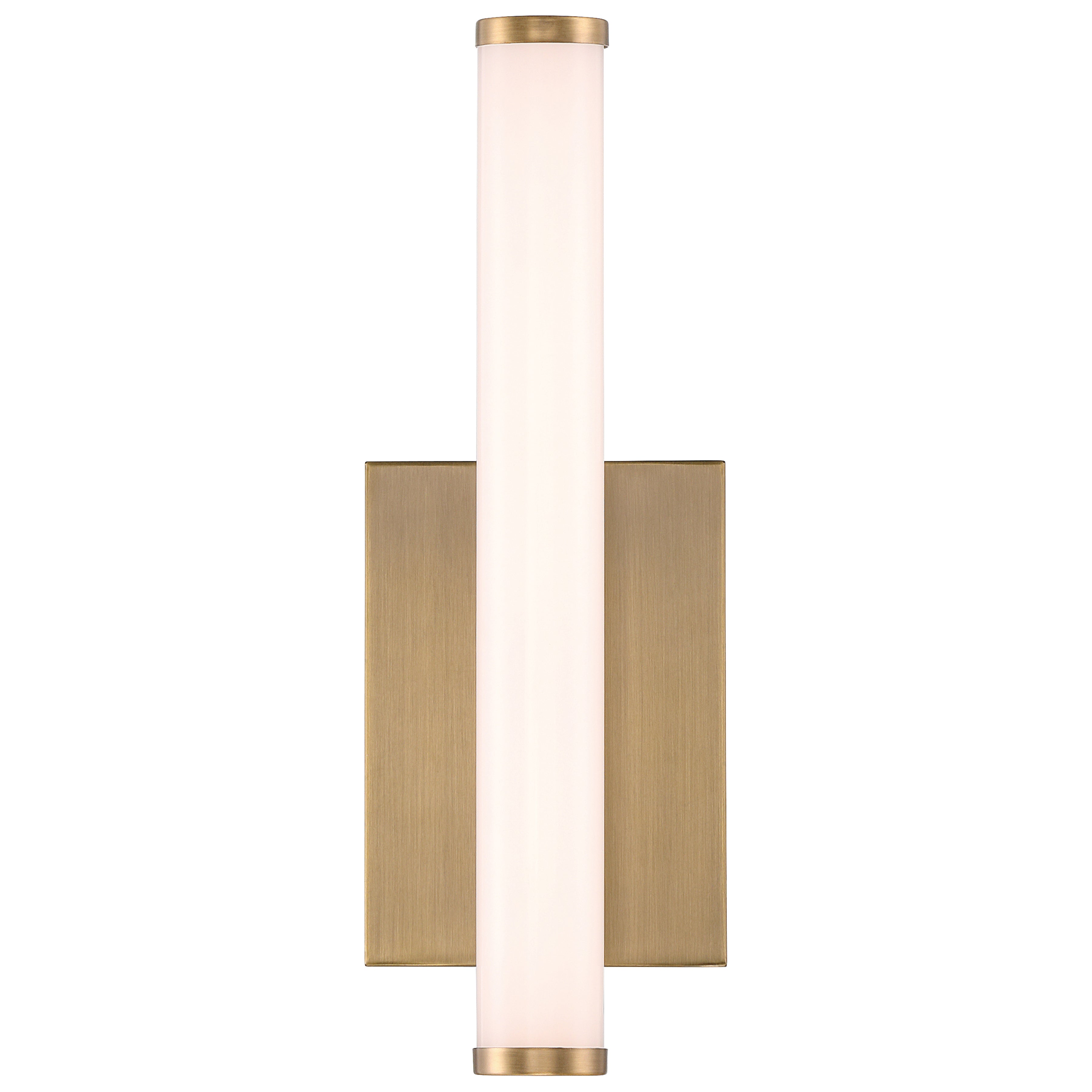 Grace 3CCT LED Vanity by Access Lighting features a cylindrical frosted glass shade and an antique brushed brass rectangular backplate, shown here against a white background.