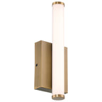 Grace 3CCT LED Vanity by Access Lighting features an antique brushed brass rectangular base and a vertically mounted cylindrical frosted glass diffuser.