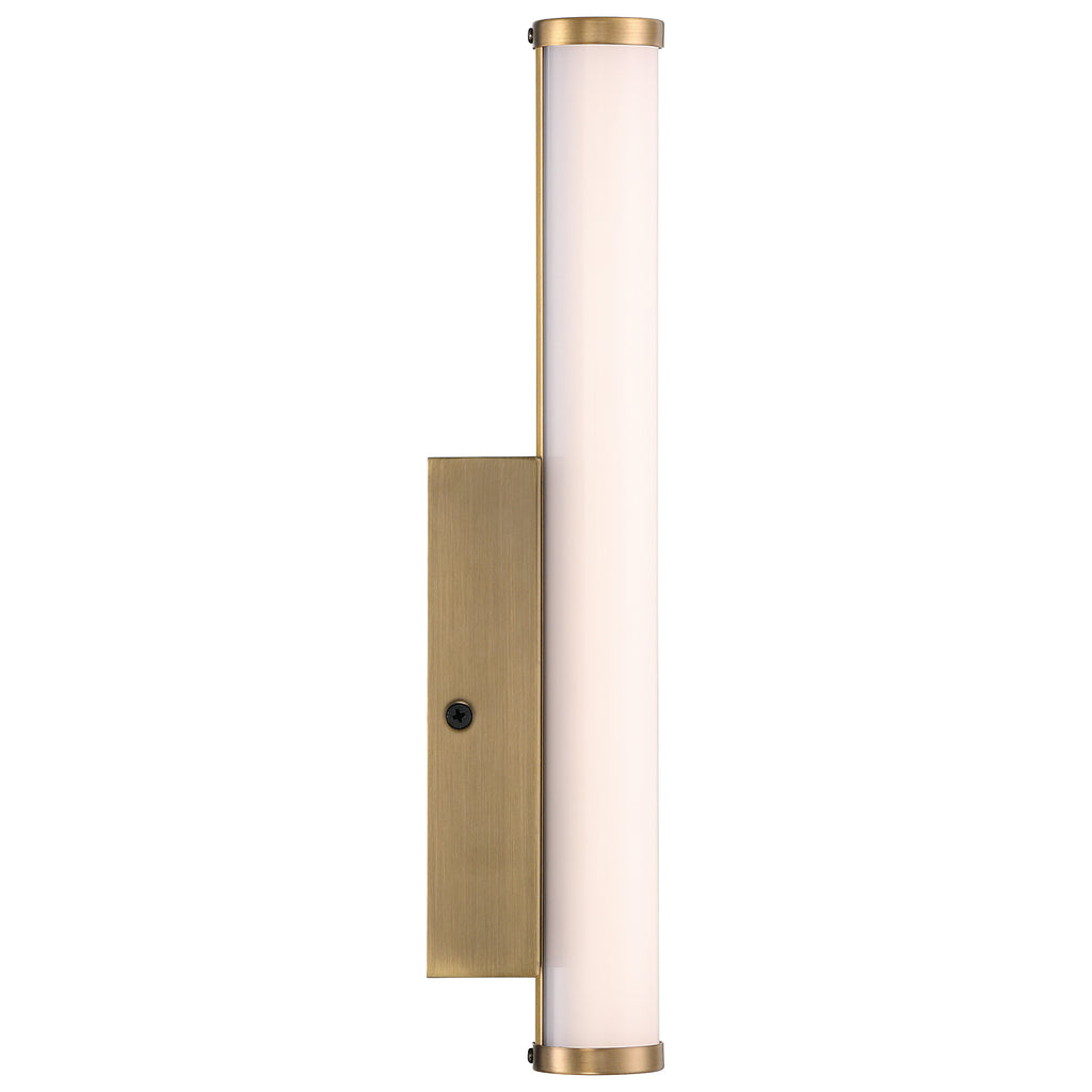 The Grace 3CCT LED Vanity by Access Lighting features a cylindrical white light diffuser paired with a rectangular antique brushed brass base, shown against a white background.