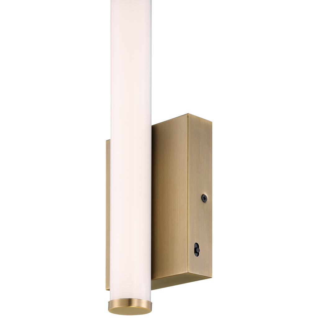 Grace 3CCT LED Vanity by Access Lighting features an antique brushed brass finish, a rectangular backplate, and a cylindrical frosted glass diffuser.