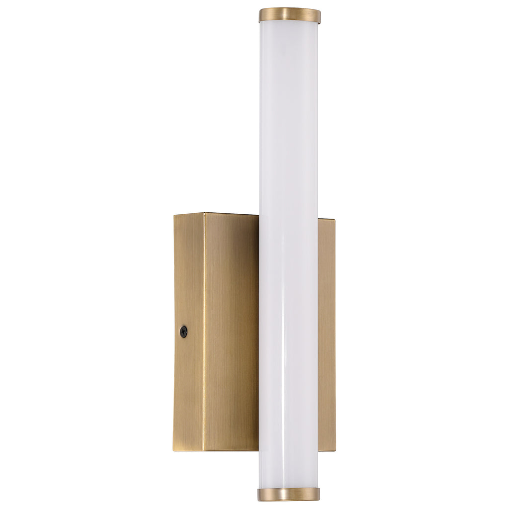 The Grace 3CCT LED Vanity by Access Lighting features an antique brushed brass rectangular base with a cylindrical frosted glass light fixture mounted on the front.