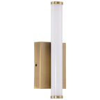 The Grace 3CCT LED Vanity by Access Lighting features an antique brushed brass rectangular base with a cylindrical frosted glass light fixture mounted on the front.