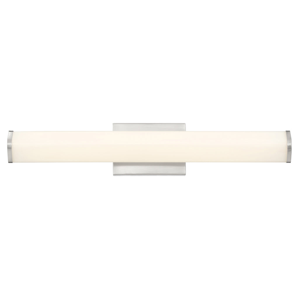 Summit LED Vanity, 24″ by Access Lighting—a wall-mounted LED light fixture featuring a rectangular frosted shade and metallic base—photographed against a white background.