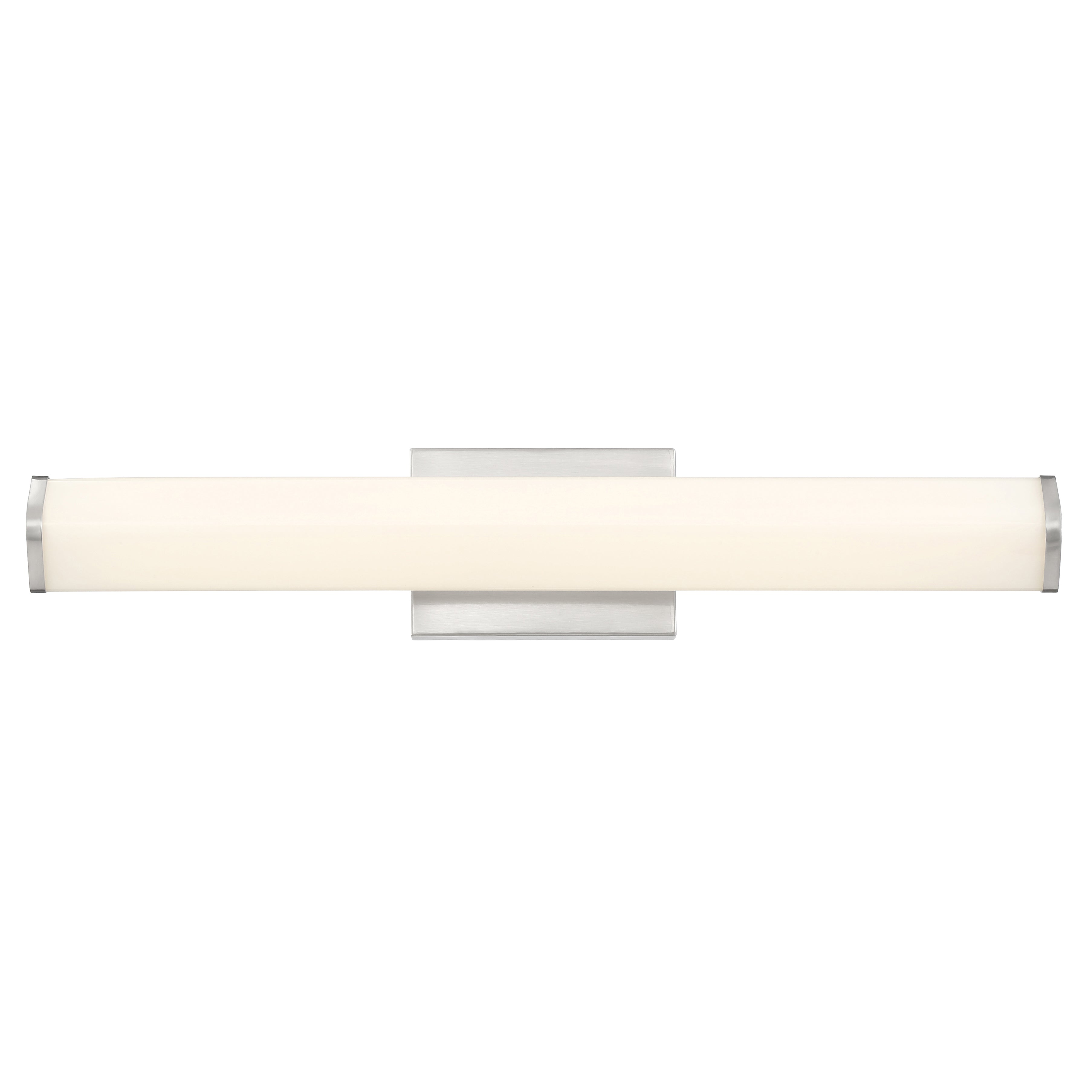 Summit LED Vanity, 24″ by Access Lighting—a wall-mounted LED light fixture featuring a rectangular frosted shade and metallic base—photographed against a white background.