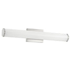 The Summit LED Vanity, 24″ by Access Lighting is a modern wall-mounted light fixture featuring a frosted cylindrical shade and metallic end caps, attached to a rectangular metal base.