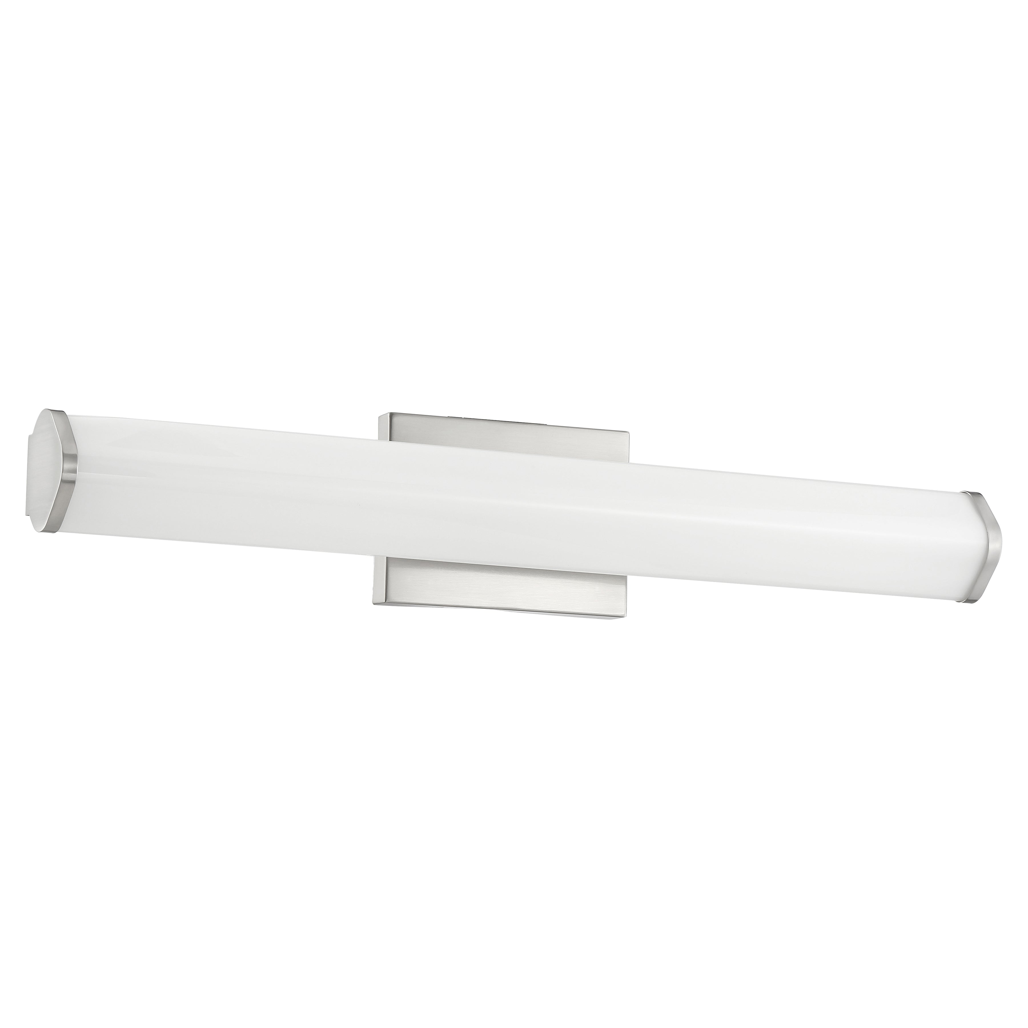 The Summit LED Vanity, 24″ by Access Lighting is a modern wall-mounted light fixture featuring a frosted cylindrical shade and metallic end caps, attached to a rectangular metal base.