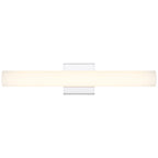 The Sense LED Vanity, 4.75″ by Access Lighting is a wall-mounted, horizontal cylindrical LED fixture featuring a frosted shade and a rectangular chrome base, shown against a white background.
