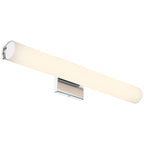 The Sense LED Vanity by Access Lighting is a modern wall-mounted light fixture featuring a 4.75″ cylindrical frosted shade and a sleek rectangular chrome base.