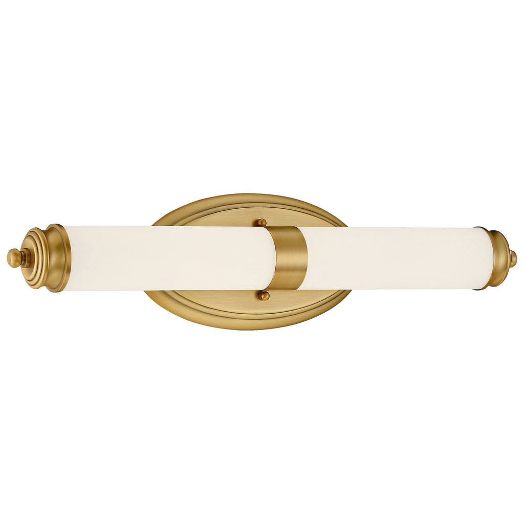The Madison LED Vanity by Access Lighting features a brushed gold, wall-mounted design with an oval backplate and a horizontally centered cylindrical frosted glass shade.