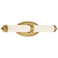 The Madison LED Vanity by Access Lighting features a brushed gold, wall-mounted design with an oval backplate and a horizontally centered cylindrical frosted glass shade.