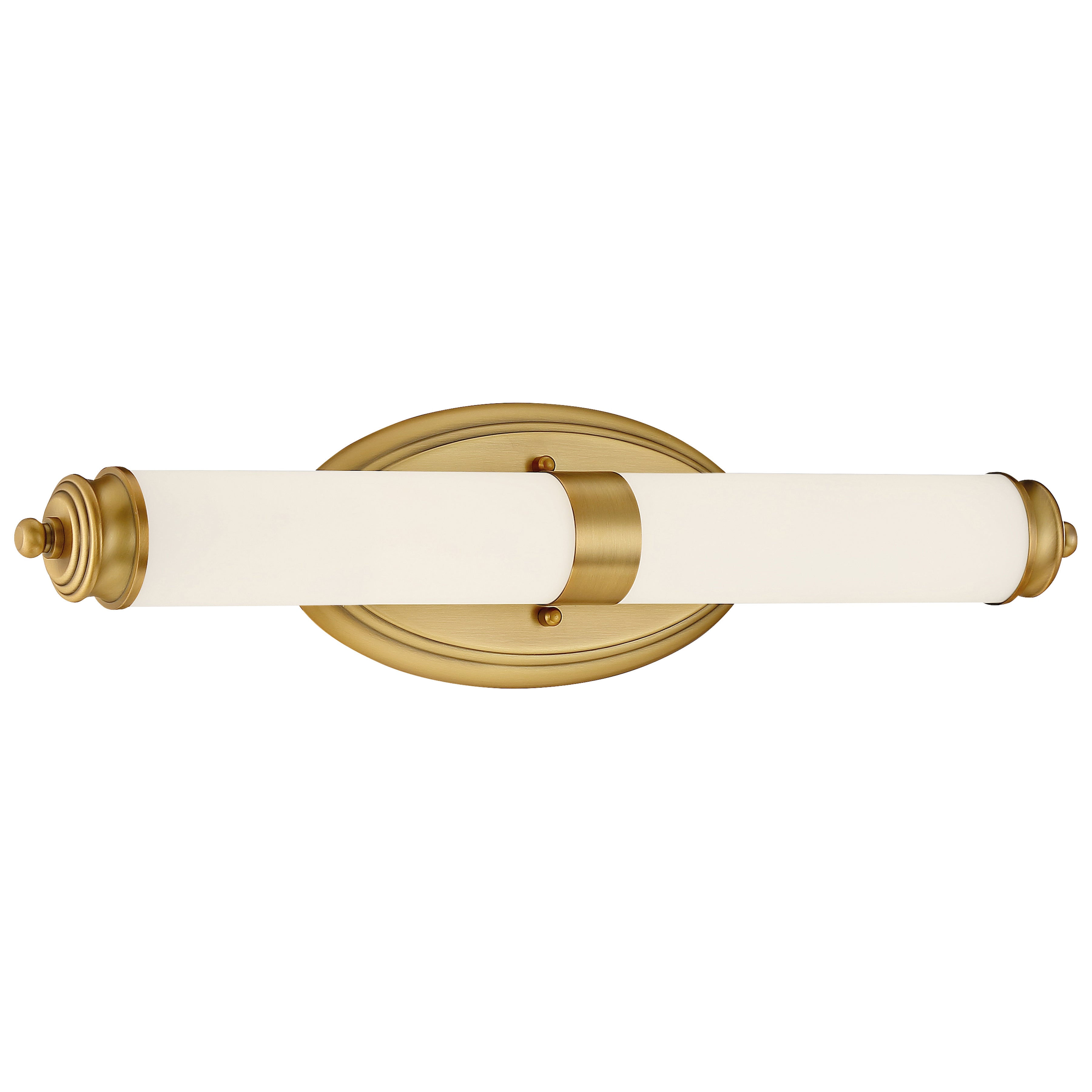 The Madison LED Vanity by Access Lighting features a brushed gold, wall-mounted design with an oval backplate and a horizontally centered cylindrical frosted glass shade.