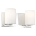 The Access Lighting Oslo 2 Light LED Vanity in chrome features a modern wall-mounted design with two cylindrical frosted glass shades and a rectangular backplate.