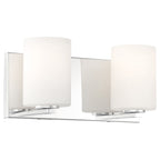 The Access Lighting Oslo 2 Light LED Vanity in chrome features a modern wall-mounted design with two cylindrical frosted glass shades and a rectangular backplate.