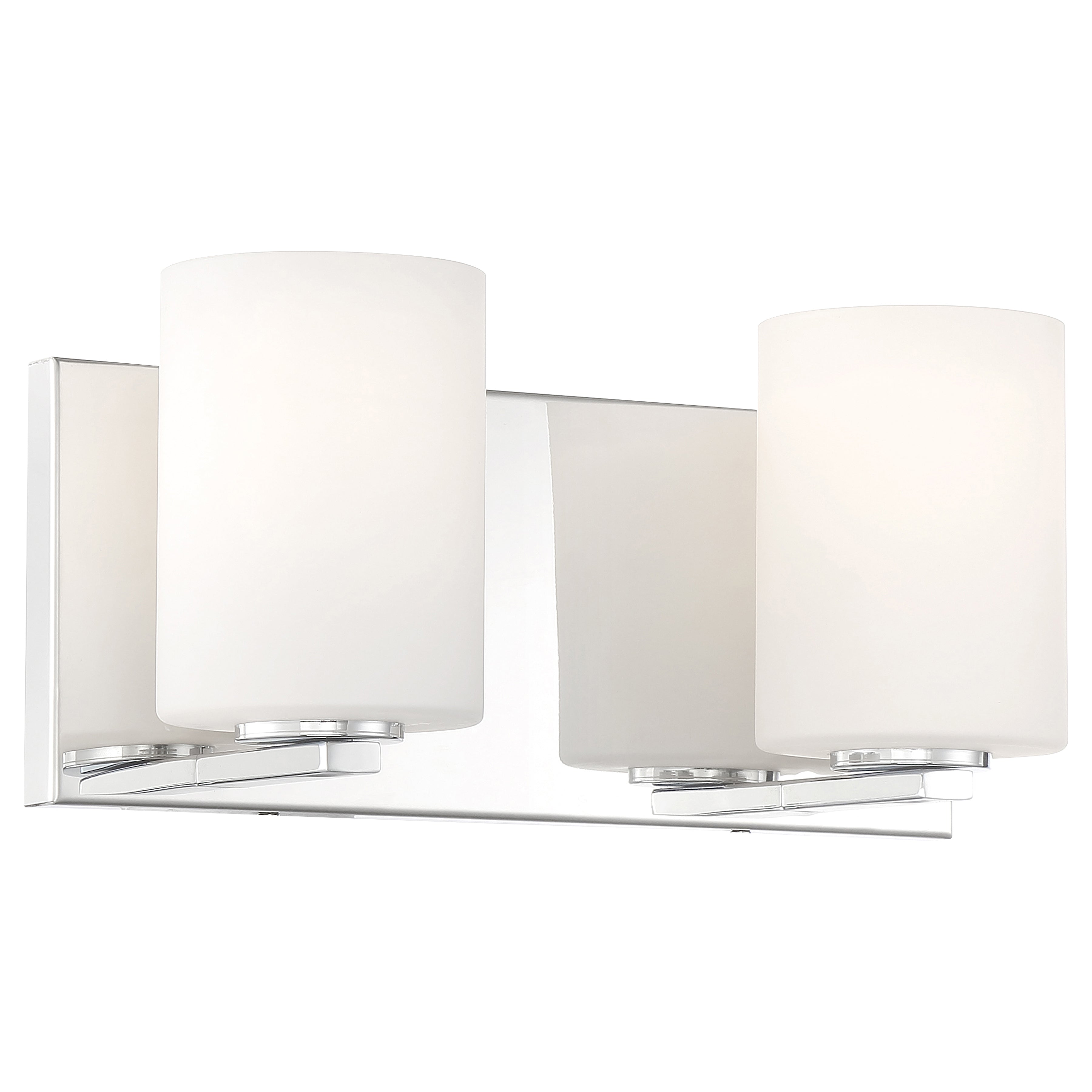 The Access Lighting Oslo 2 Light LED Vanity in chrome features a modern wall-mounted design with two cylindrical frosted glass shades and a rectangular backplate.