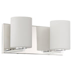 The Oslo 2 Light LED Vanity from Access Lighting features two cylindrical frosted glass shades and a rectangular chrome base for a modern, wall-mounted look.