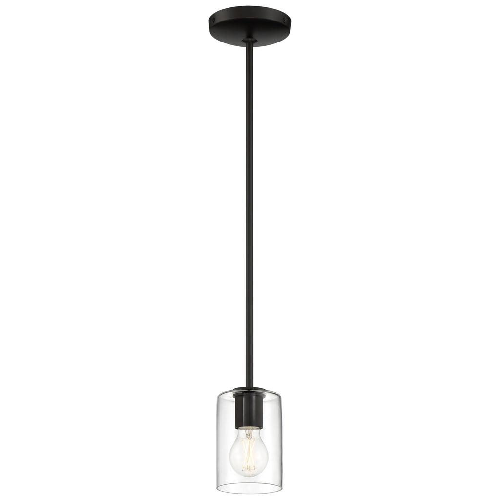 The Oslo LED Pendant by Access Lighting features a clear glass cylindrical shade suspended from a ceiling mount on a straight rod, showcasing a visible light bulb.