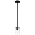 The Oslo LED Pendant by Access Lighting features a clear glass cylindrical shade suspended from a ceiling mount on a straight rod, showcasing a visible light bulb.