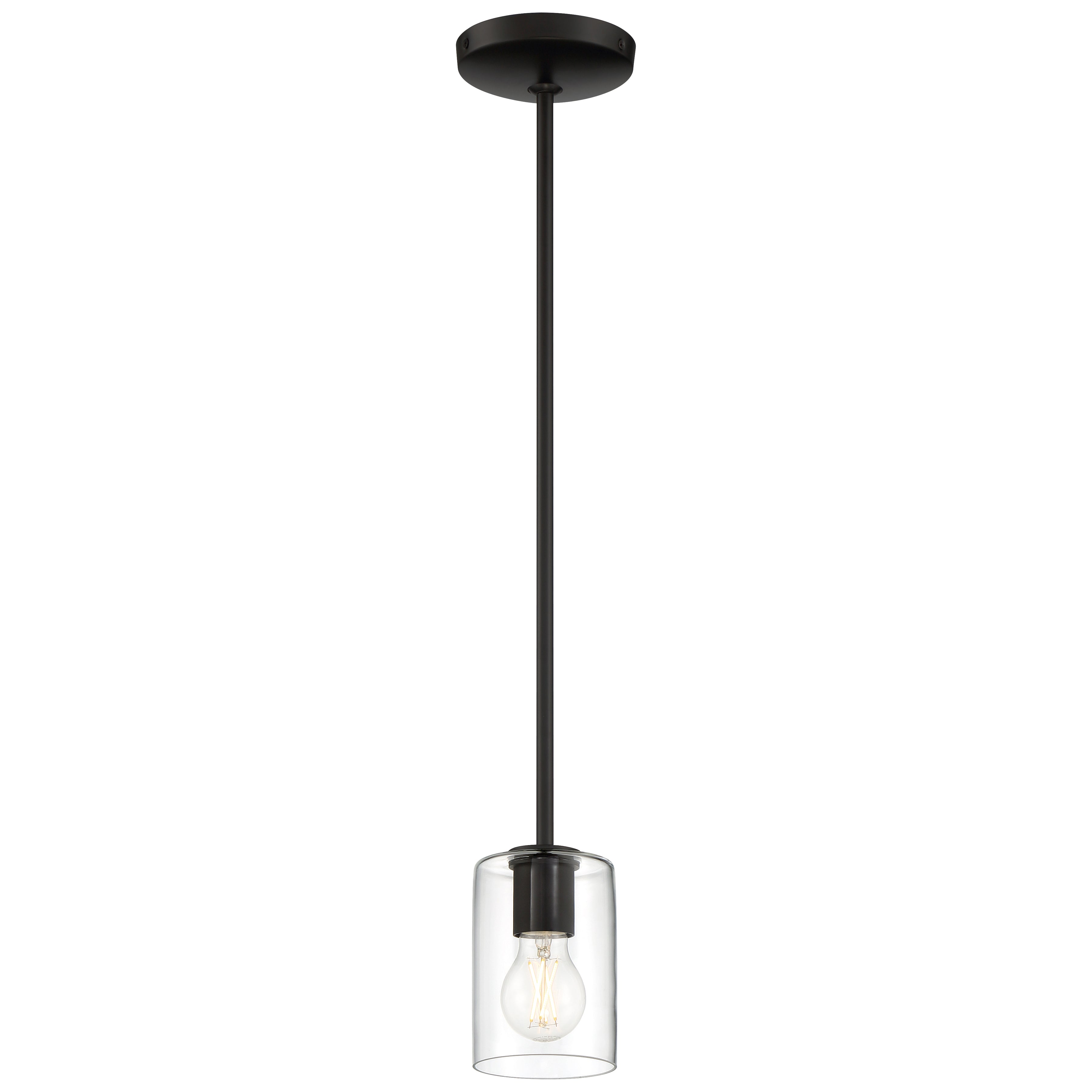 The Oslo LED Pendant by Access Lighting features a clear glass cylindrical shade suspended from a ceiling mount on a straight rod, showcasing a visible light bulb.
