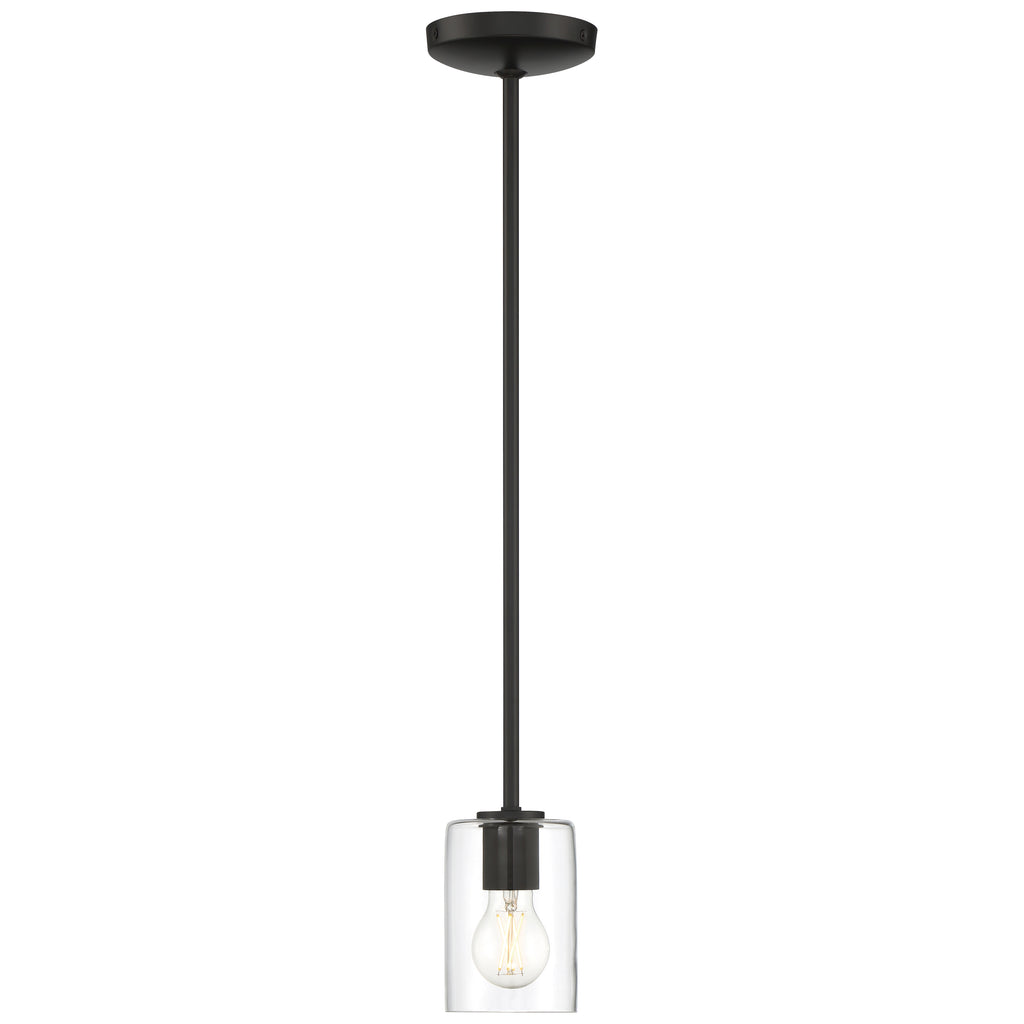 The Oslo LED Pendant by Access Lighting features a black finish and a clear glass cylindrical shade, suspended from the ceiling by a straight rod.