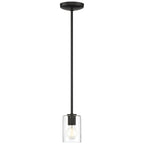 The Oslo LED Pendant by Access Lighting features a black finish and a clear glass cylindrical shade, suspended from the ceiling by a straight rod.