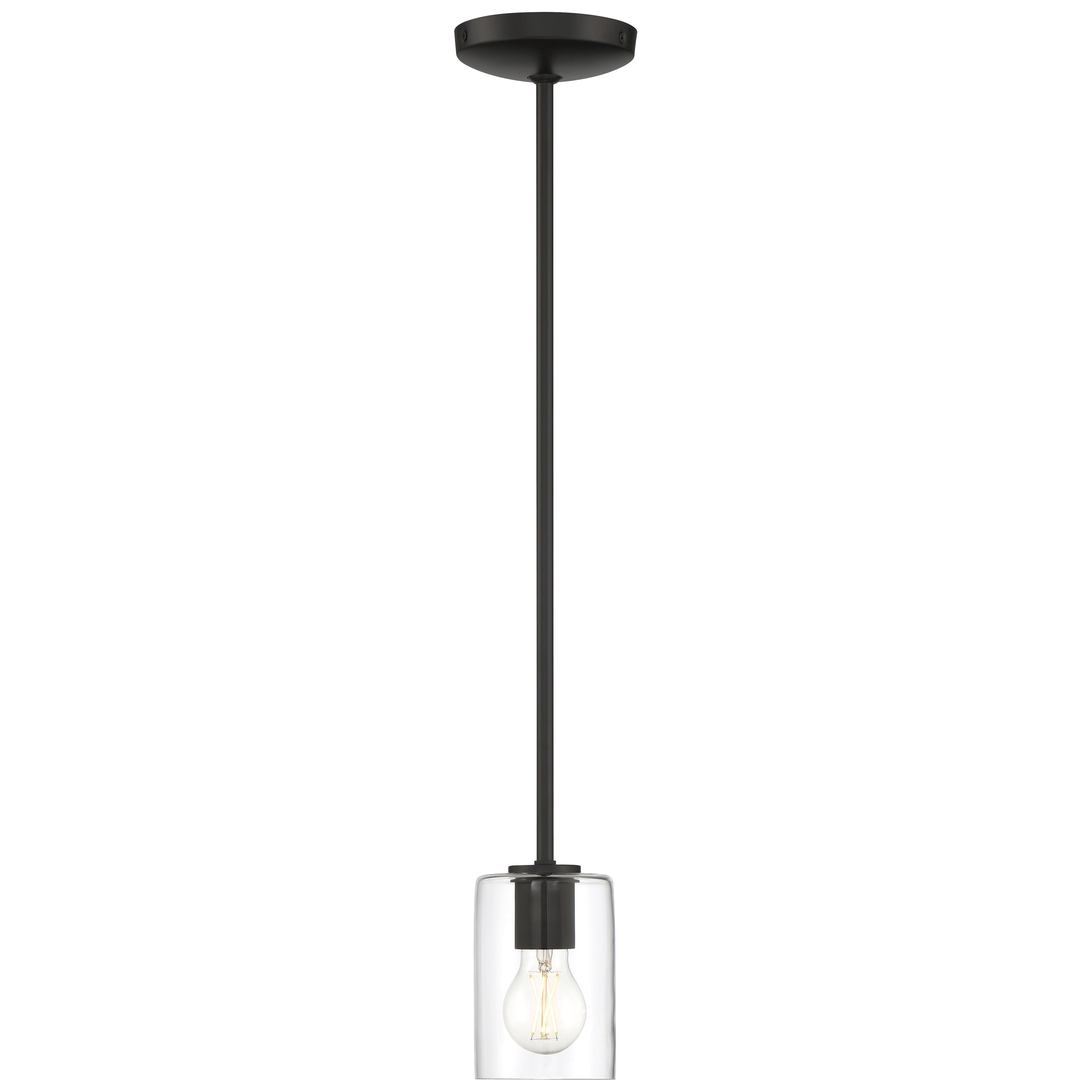 The Oslo LED Pendant by Access Lighting features a black finish and a clear glass cylindrical shade, suspended from the ceiling by a straight rod.