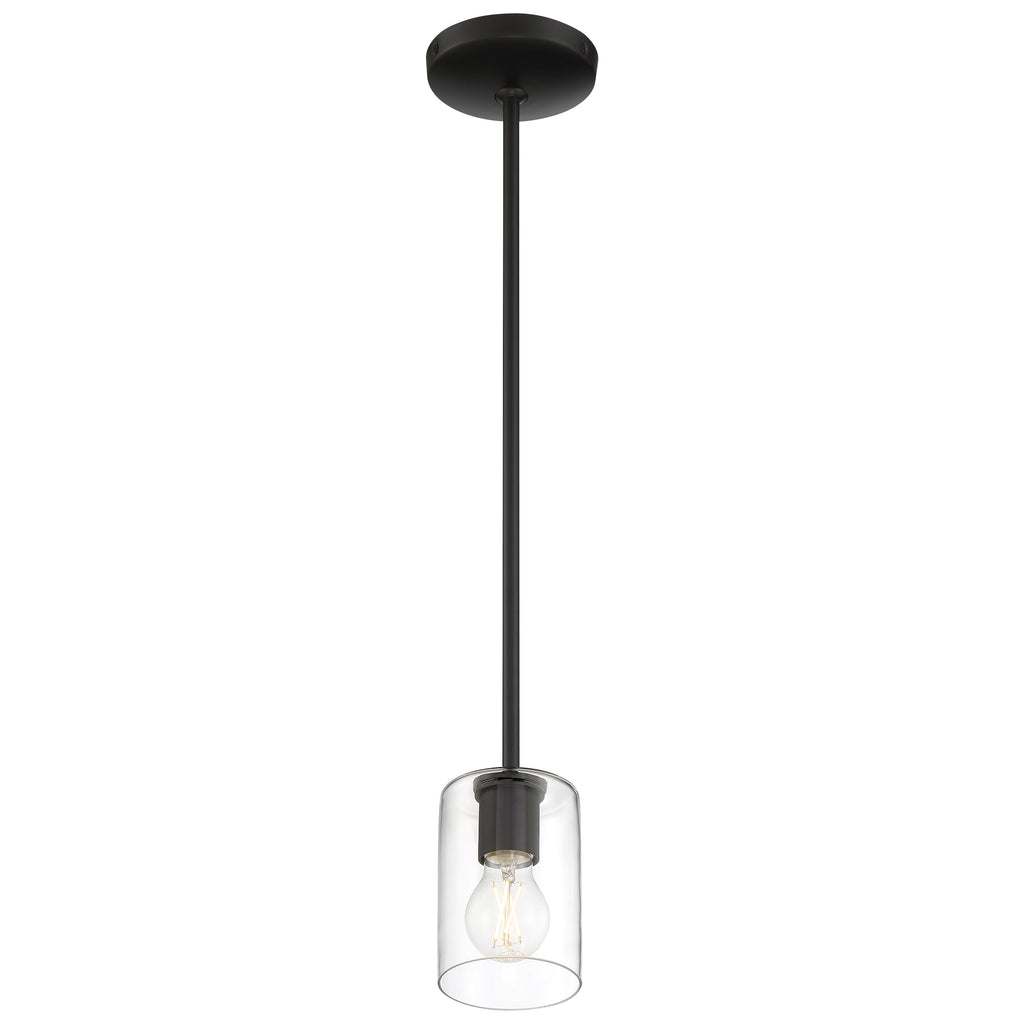 The Oslo LED Pendant by Access Lighting features a black finish, a clear cylindrical glass shade, a straight suspension rod, and an exposed bulb design.