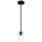 The Oslo LED Pendant by Access Lighting features a black finish, a clear cylindrical glass shade, a straight suspension rod, and an exposed bulb design.