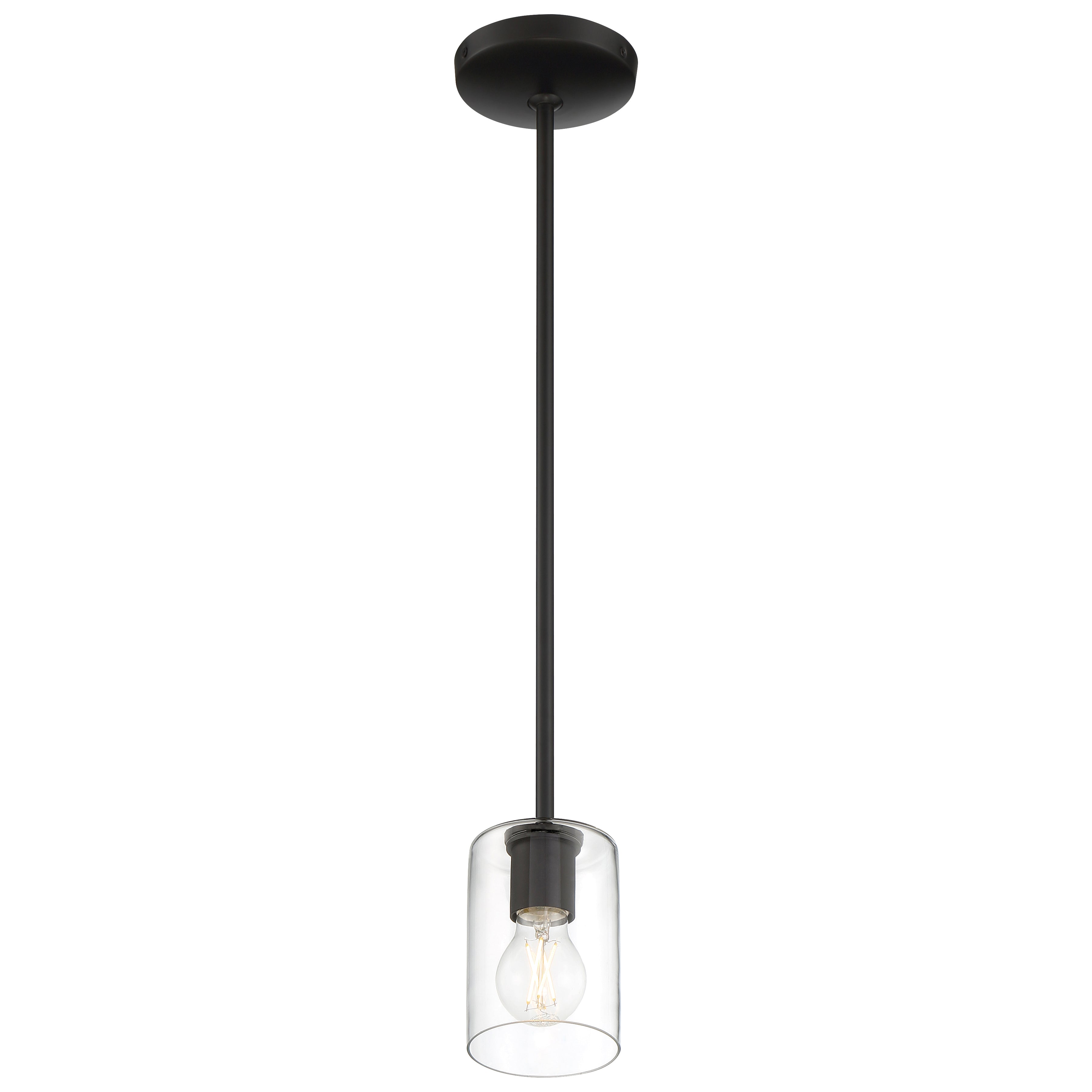 The Oslo LED Pendant by Access Lighting features a black finish, a clear cylindrical glass shade, a straight suspension rod, and an exposed bulb design.