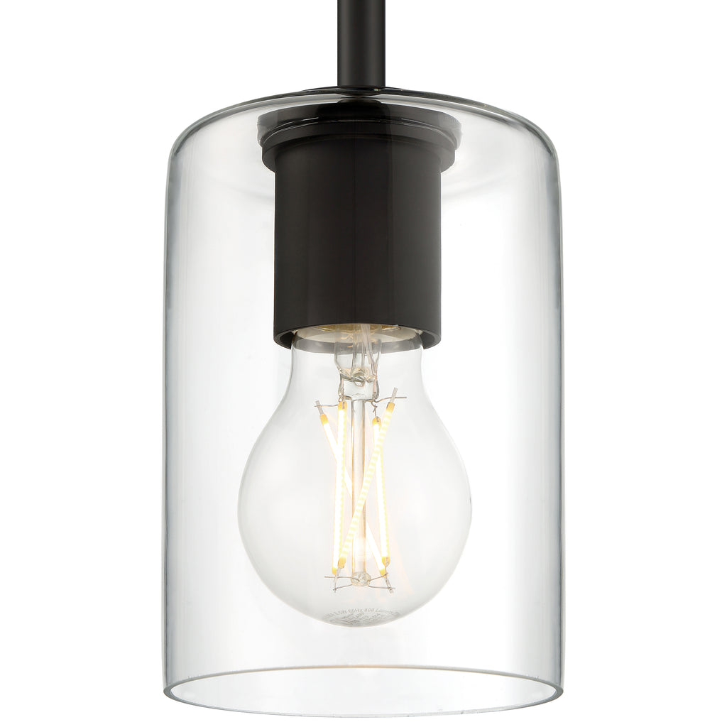 Introducing the Oslo LED Pendant by Access Lighting—a clear glass pendant light fixture featuring a visible LED filament bulb, suspended from a sleek black metal rod.