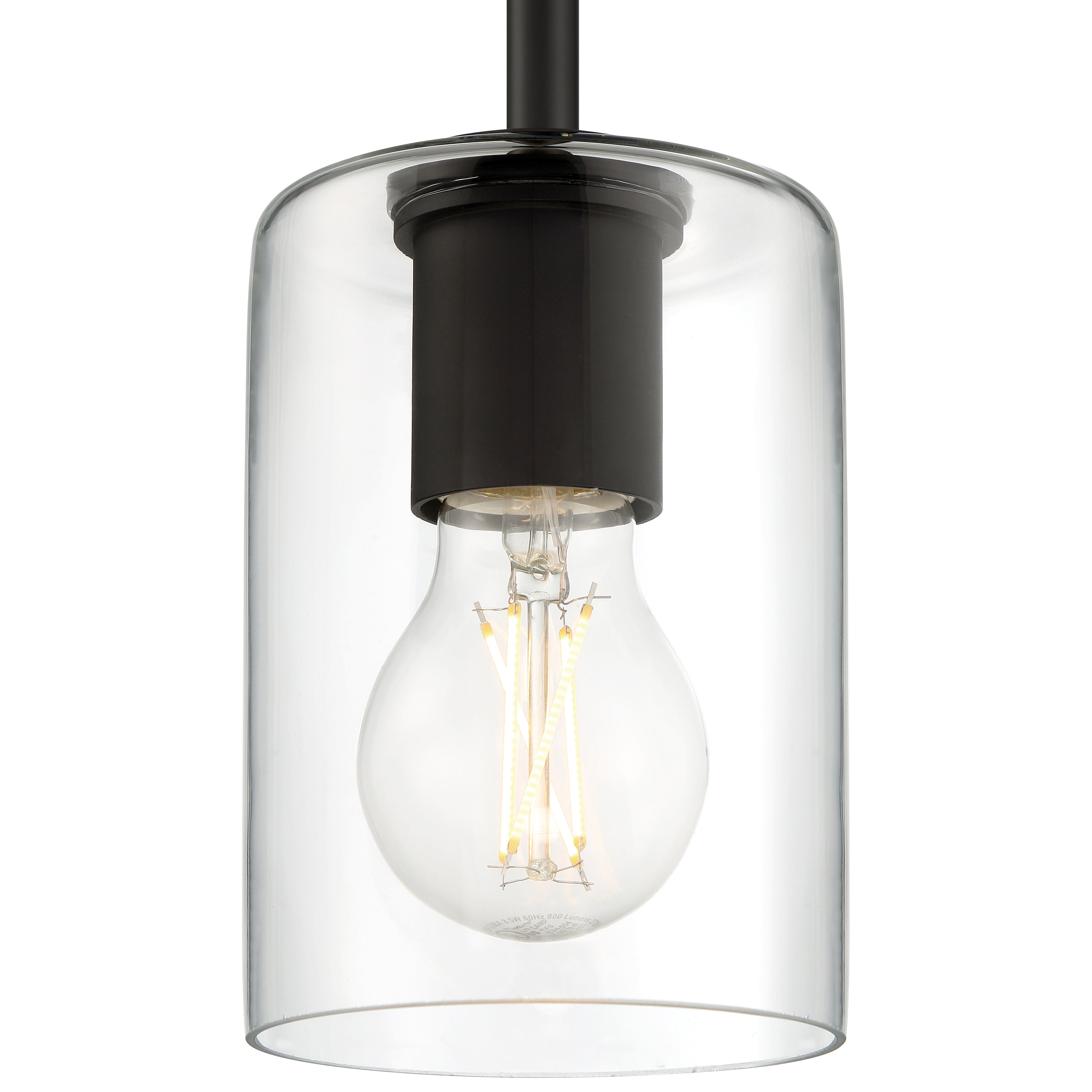 Introducing the Oslo LED Pendant by Access Lighting—a clear glass pendant light fixture featuring a visible LED filament bulb, suspended from a sleek black metal rod.
