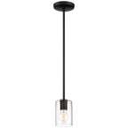 The Oslo LED Pendant by Access Lighting is a black ceiling-mounted fixture featuring a clear glass shade and a visible LED bulb.