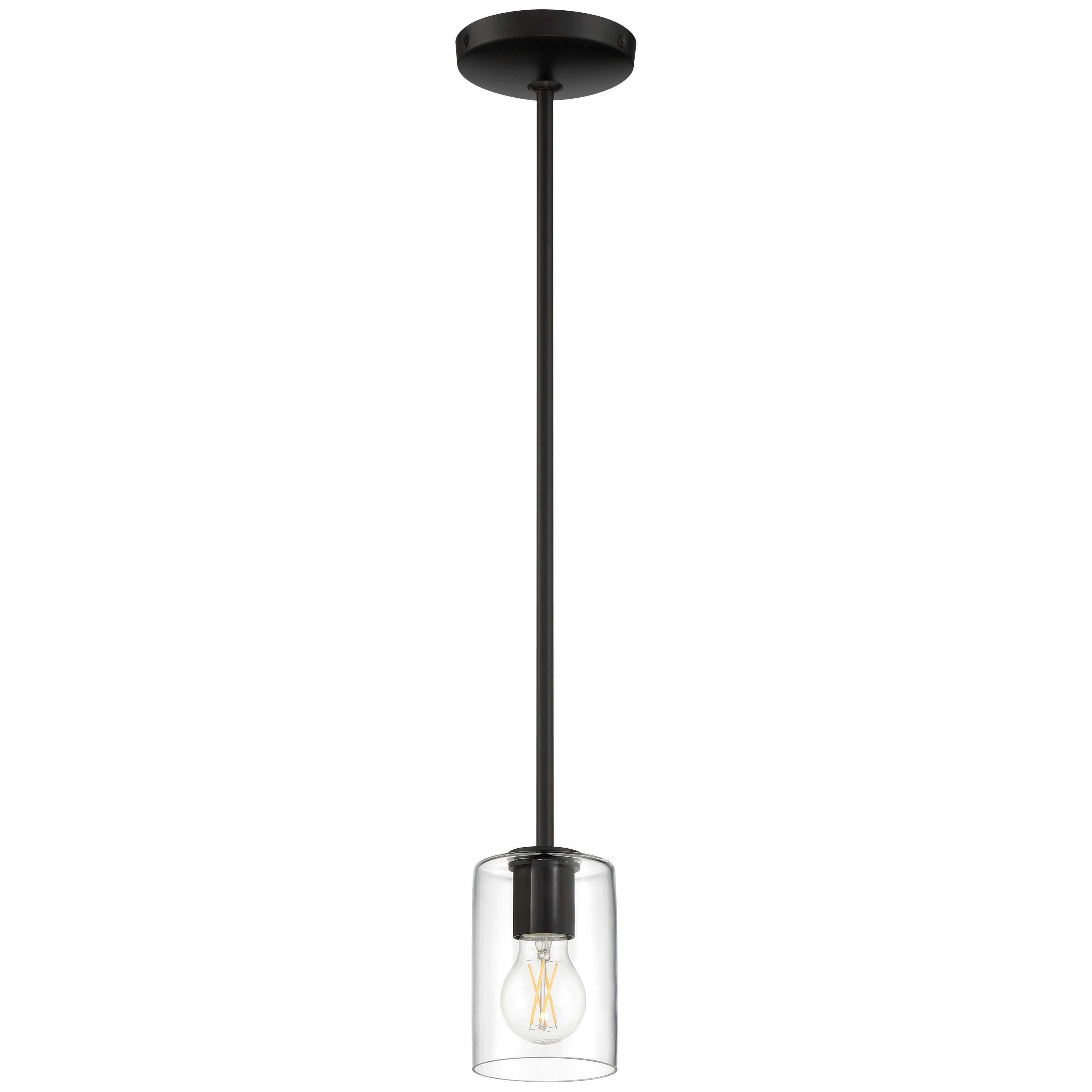 The Oslo LED Pendant by Access Lighting is a black ceiling-mounted fixture featuring a clear glass shade and a visible LED bulb.