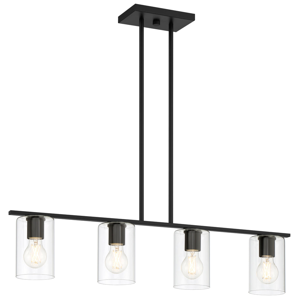 Oslo LED Linear Pendant by Access Lighting features a rectangular black frame with four exposed bulbs, each encased in a clear cylindrical glass shade, suspended from a ceiling mount by two rods.