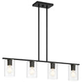 Oslo LED Linear Pendant by Access Lighting features a rectangular black frame with four exposed bulbs, each encased in a clear cylindrical glass shade, suspended from a ceiling mount by two rods.