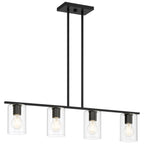 Oslo LED Linear Pendant by Access Lighting features a rectangular black frame with four exposed bulbs, each encased in a clear cylindrical glass shade, suspended from a ceiling mount by two rods.